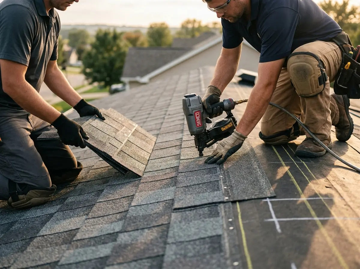 Professional roofer working on a residential roof in Breitung